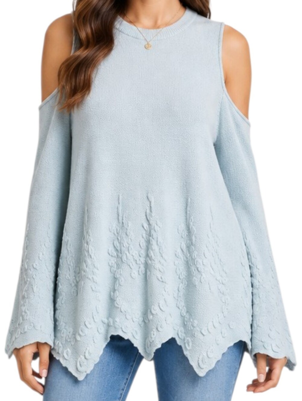 JOA Cold Shoulder Sweater Women Large Blue Green Raised Leaf Asymmetric Hem